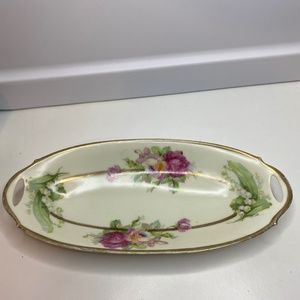 Antique Bavaria GERMANY Oval Relish Dish green Flowers Gold Edge 10"